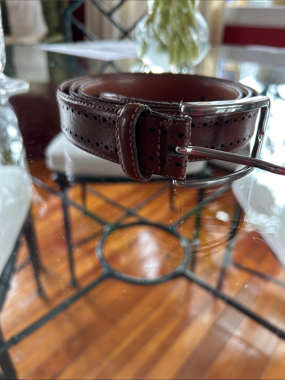 Brooks Brothers Dark Brown Perforated Leather Belt with Silver Buckle
